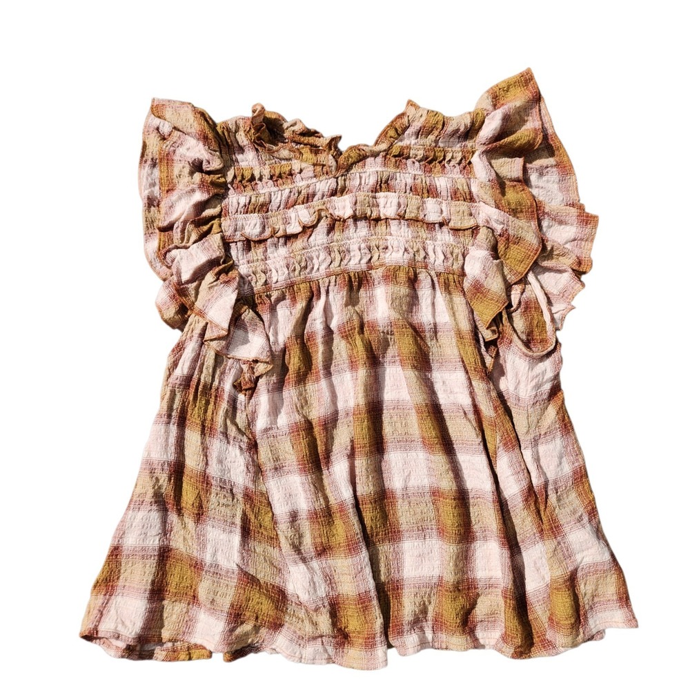 Free People Blush Plaid Smocked Ruffle Top Sz S NWT Boho Cottagecore - Picture 1 of 11